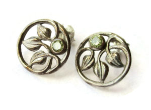 Vintage cecily leaf design peridot glass stud earrings. For sale in my Etsy shop: click on photo for details.