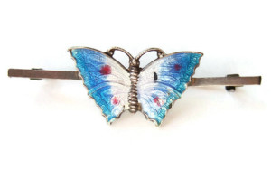 Vintage enamel and silver butterfly bar brooch.