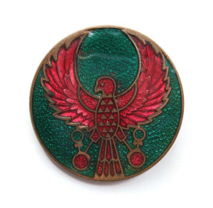 Vintage cloisonné enamel brooch, Ancient Egyptian Horus or Ra-Horakhty falcon, Egyptian Revival pin.