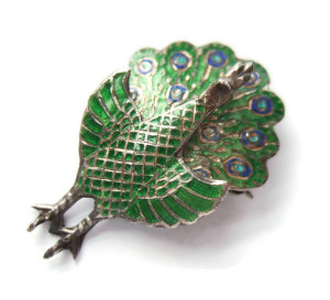 Vintage silver and enamel peacock brooch from Thailand.