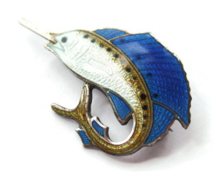 Vintage Art Deco enamel and silver sailfish brooch.