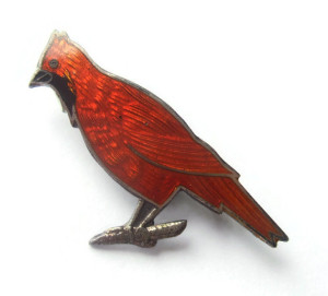 Vintage enamel and silver red cardinal bird brooch.