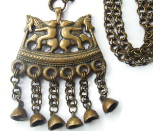 Vintage horse and bear pendant and chain, based on a Viking-period design. Finnish. 