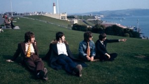 The Beatles on the Hoe in 1967, with Smeaton's Tower in the background. 