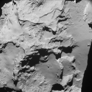 Single frame enhanced NavCam image taken on 29 September 2016 at 22:53 GMT, when Rosetta was 20 km from the centre of the nucleus of Comet 67P/Churyumov-Gerasimenko. The scale at the surface is about 1.7 m/pixel and the image measures about 1.7 km across. ESA/Rosetta/NAVCAM – CC BY-SA IGO 3.0