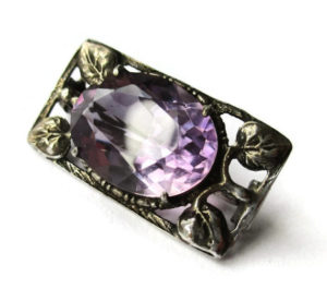 Arts and Crafts style amethyst brooch, vintage lace pin. 