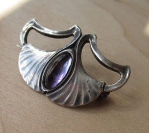Jugendstil amethyst and 935 silver brooch, with a ginkgo leaf design, possibly by Max Gradl of Pforzheim Germany. This is a great example of early 1900s German Art Nouveau. 